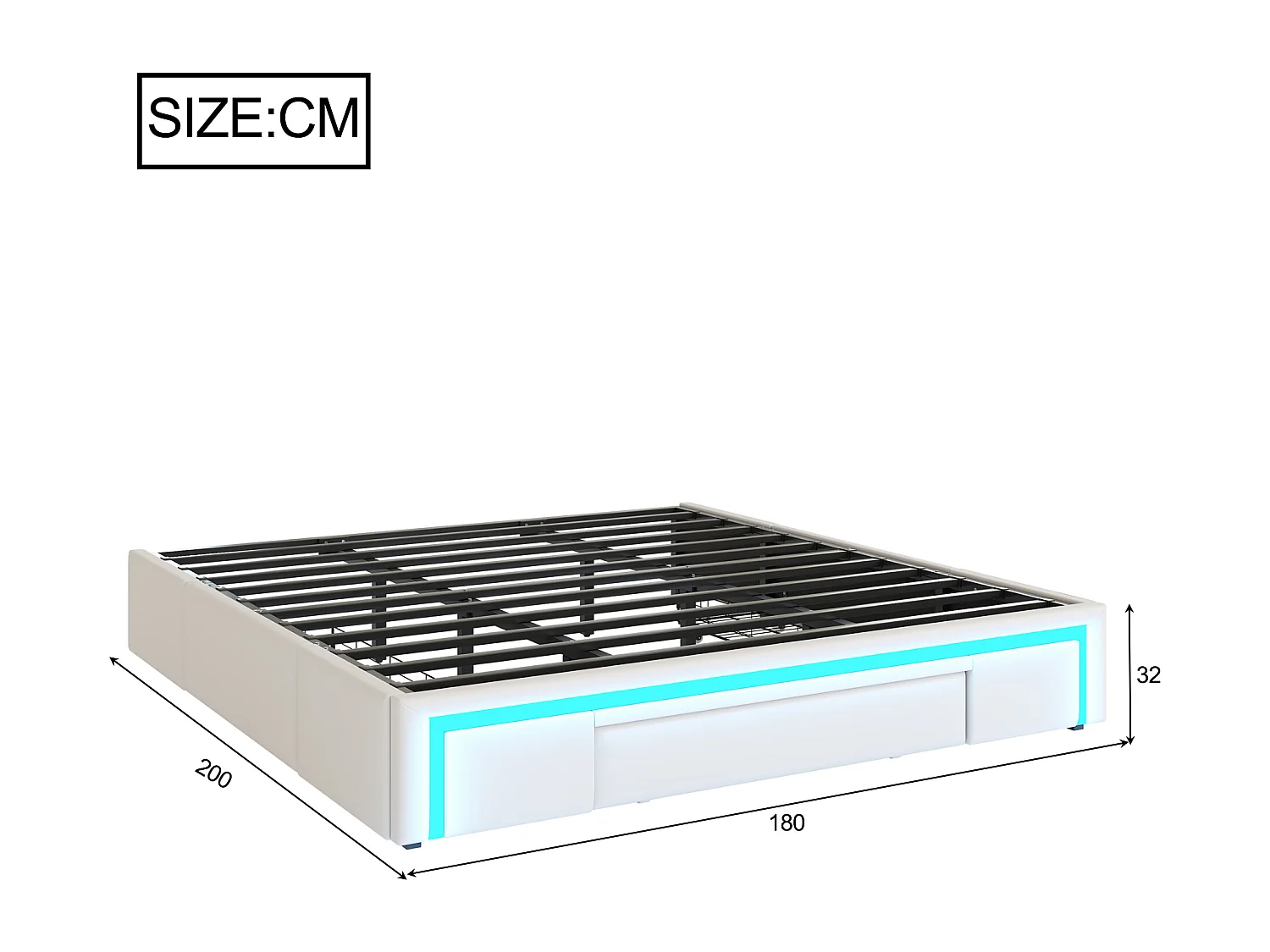 Lit enfant 180x200cm beige en PU avec 3 tiroirs et LED, sans tête de lit, sommier inclus, sans matelas