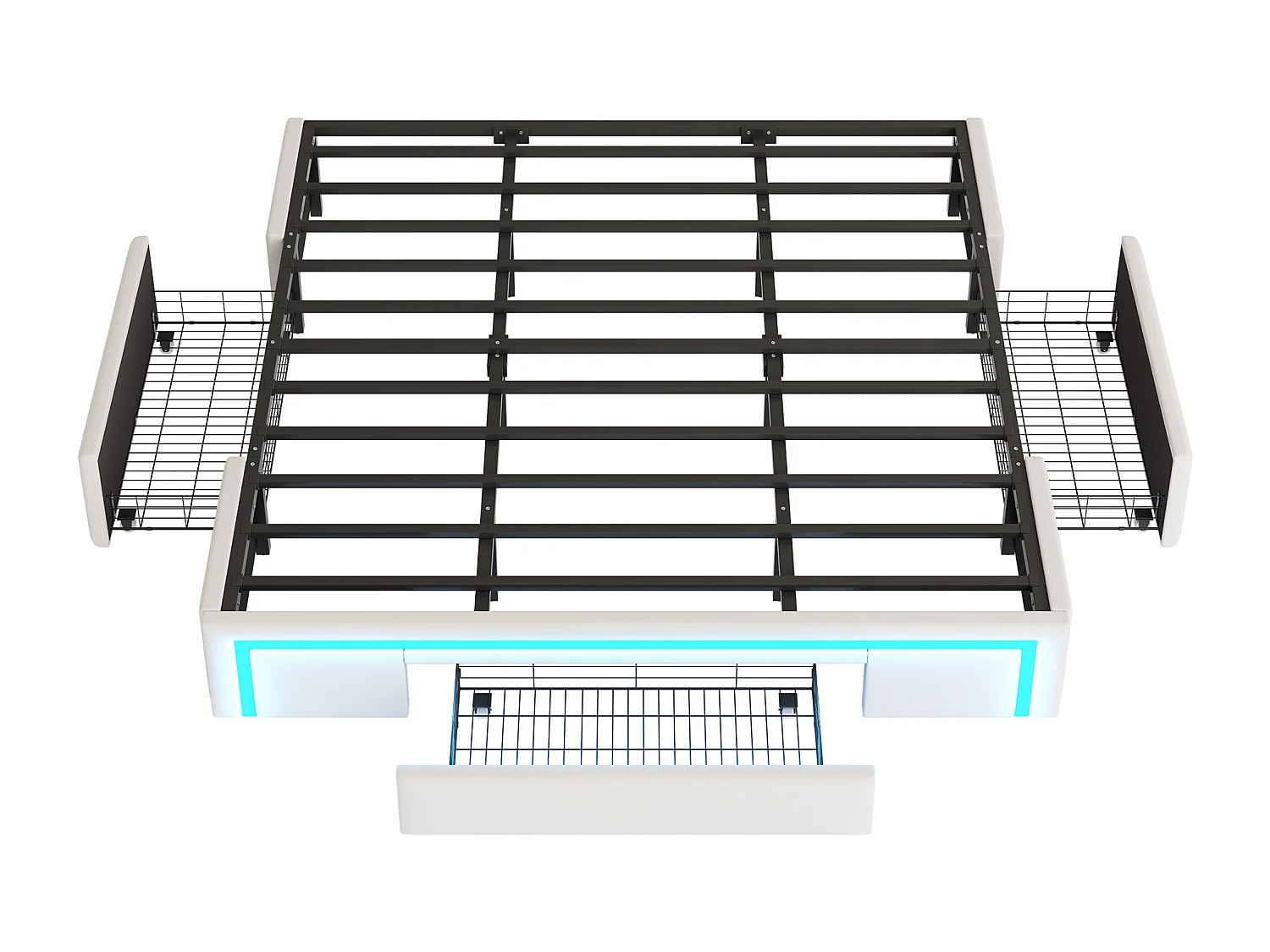 Lit enfant 180x200cm beige en PU avec 3 tiroirs et LED, sans tête de lit, sommier inclus, sans matelas