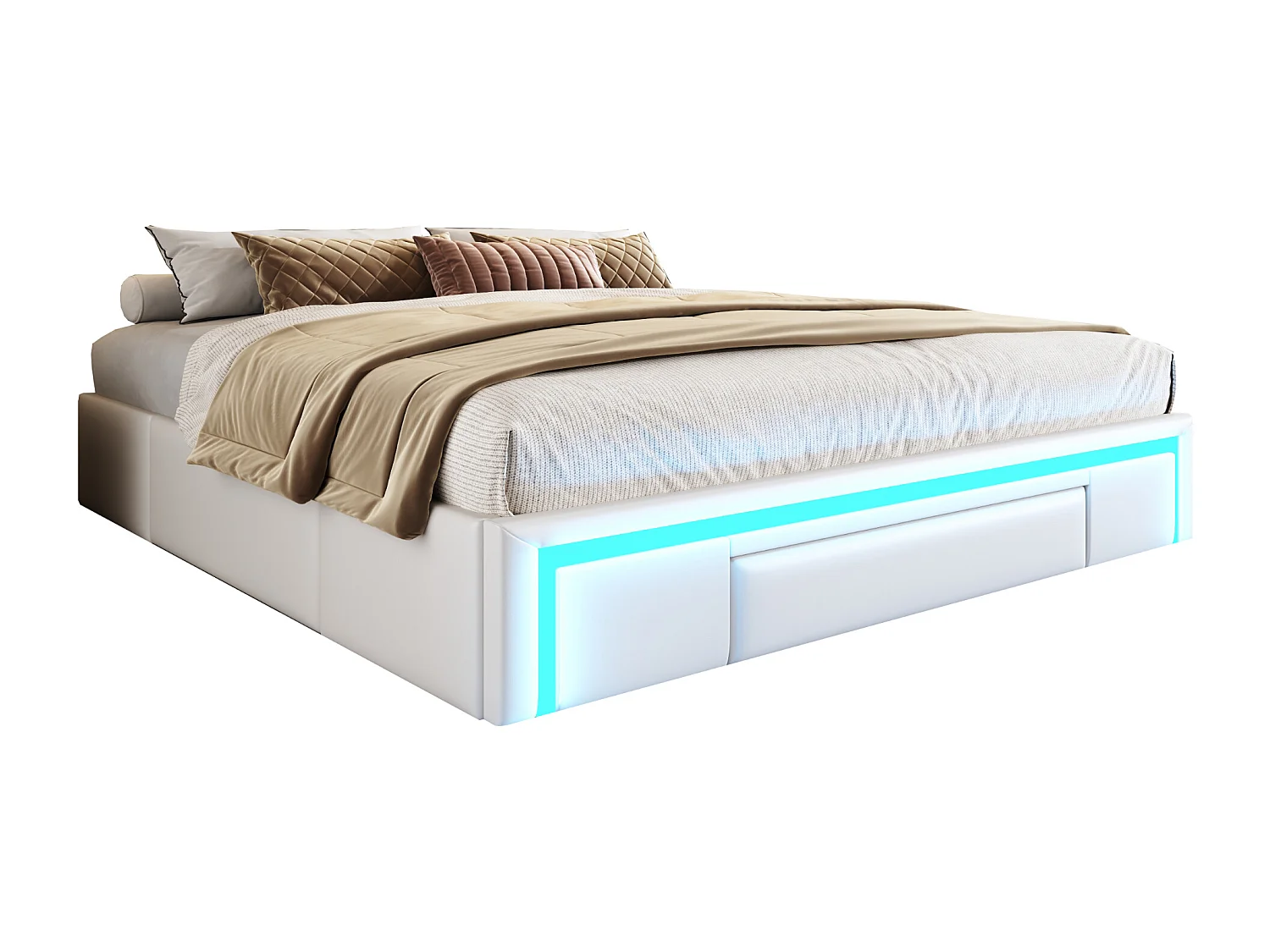 Lit enfant 180x200cm beige en PU avec 3 tiroirs et LED, sans tête de lit, sommier inclus, sans matelas
