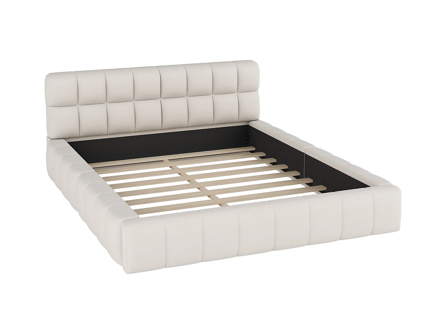 Cama de adulto 140x200 cm em linho bege, cama estofada, estrado de ripas, sem colchão