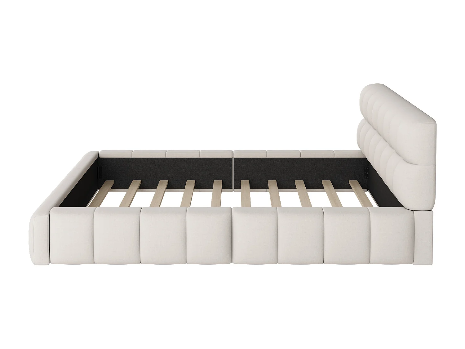 Cama de adulto 140x200 cm em linho bege, cama estofada, estrado de ripas, sem colchão