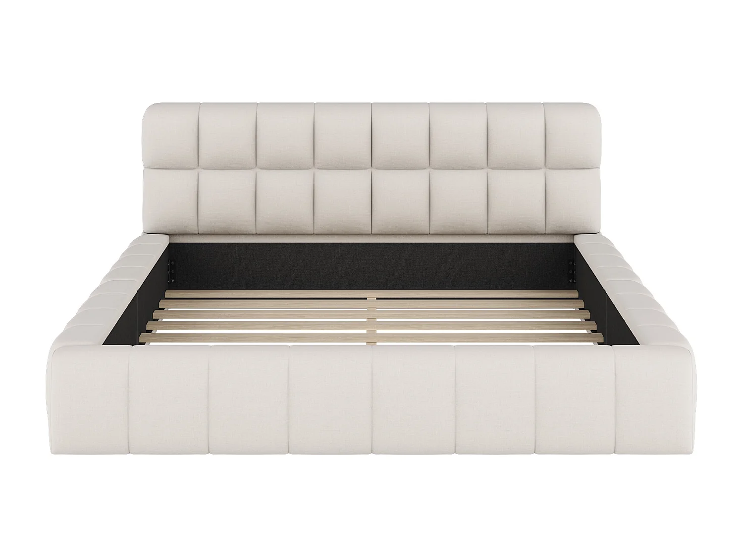 Lit adulte 140x200cm beige en lin, lit rembourré, sommier à lattes, sans matelas