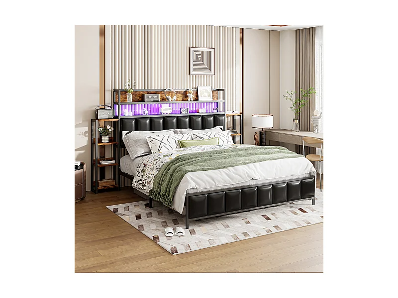 Cama adulta 160x200 cm negra en PU, cabecero con estantes y luz LED, somier de láminas, sin colchón