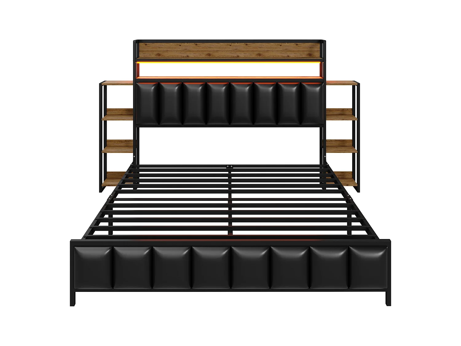 Lit adulte 160x200cm noir en PU, tête de lit avec Étagères et LED, sommier à lattes, sans matelas