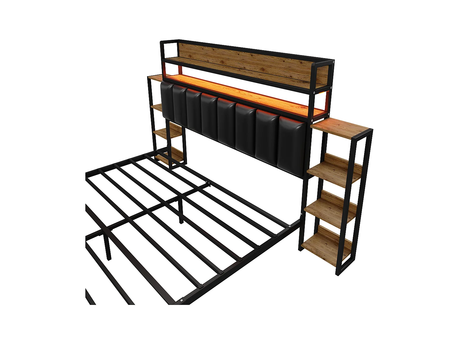 Lit adulte 160x200cm noir en PU, tête de lit avec Étagères et LED, sommier à lattes, sans matelas