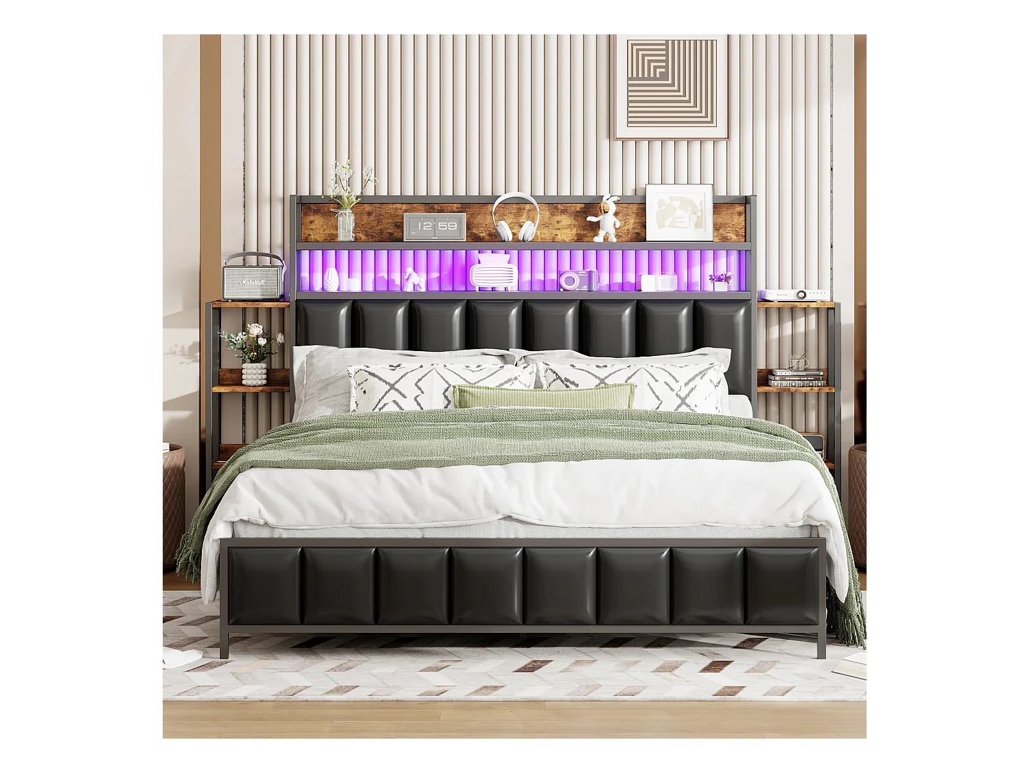 Lit adulte 160x200cm noir en PU, tête de lit avec Étagères et LED, sommier à lattes, sans matelas