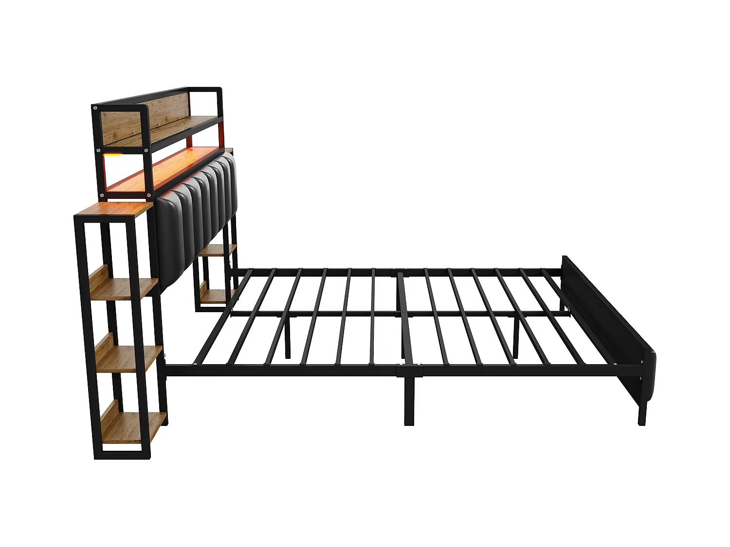 Lit adulte 160x200cm noir en PU, tête de lit avec Étagères et LED, sommier à lattes, sans matelas