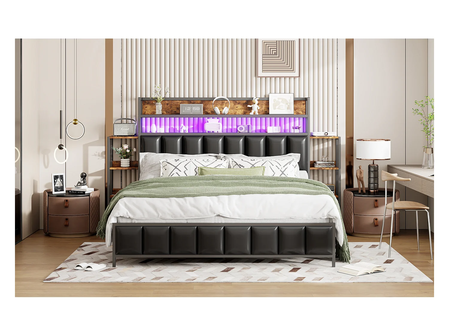 Lit adulte 160x200cm noir en PU, tête de lit avec Étagères et LED, sommier à lattes, sans matelas