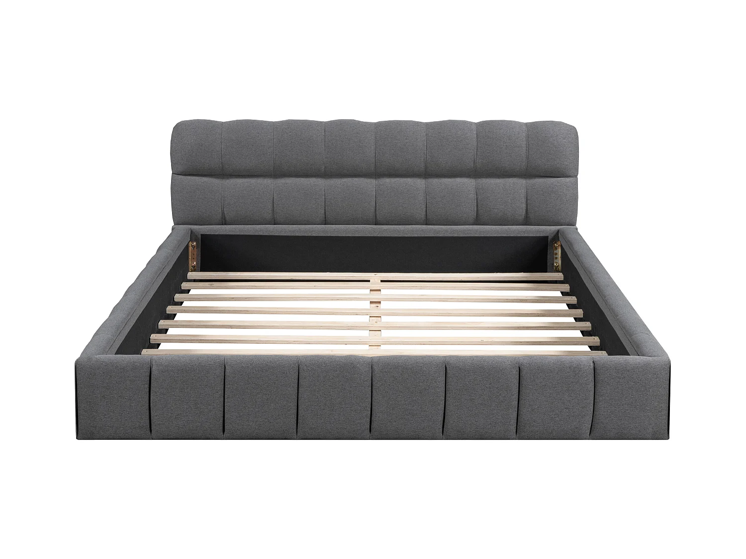Cama de adulto 140x190 cm em linho cinza, cama estofada, estrado de ripas, sem colchão