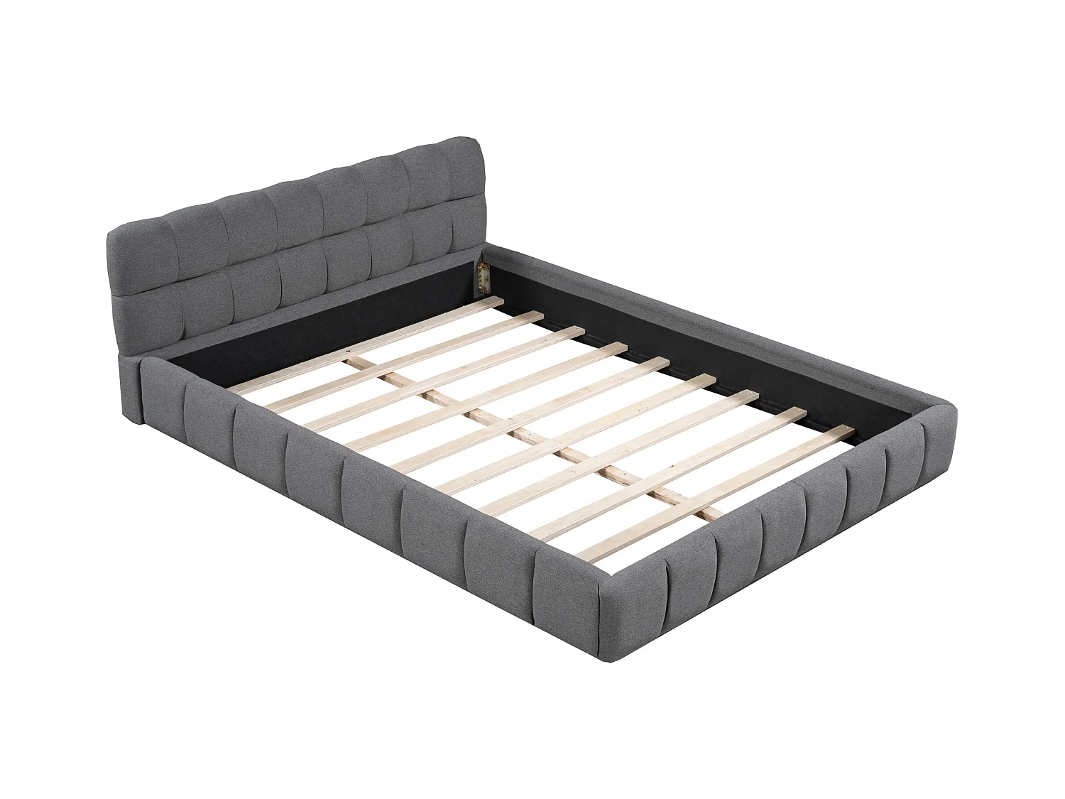 Cama de adulto 140x190 cm em linho cinza, cama estofada, estrado de ripas, sem colchão