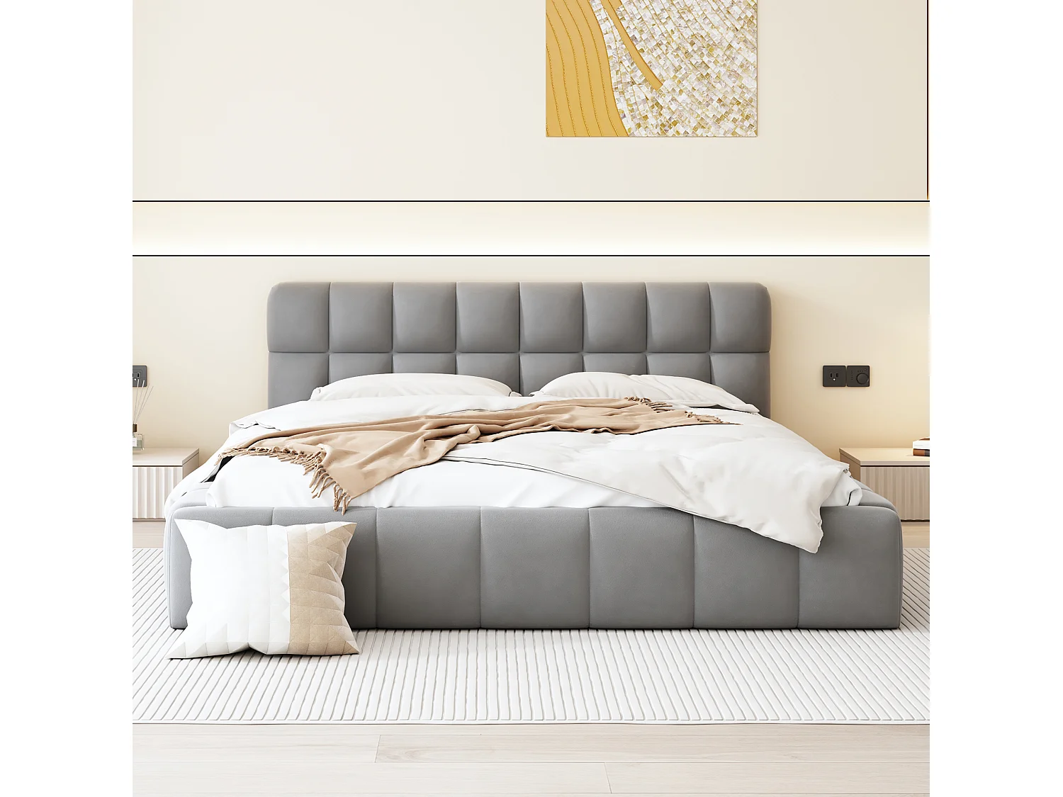 Lit adulte 140x190cm gris en lin, lit rembourré, sommier à lattes, sans matelas