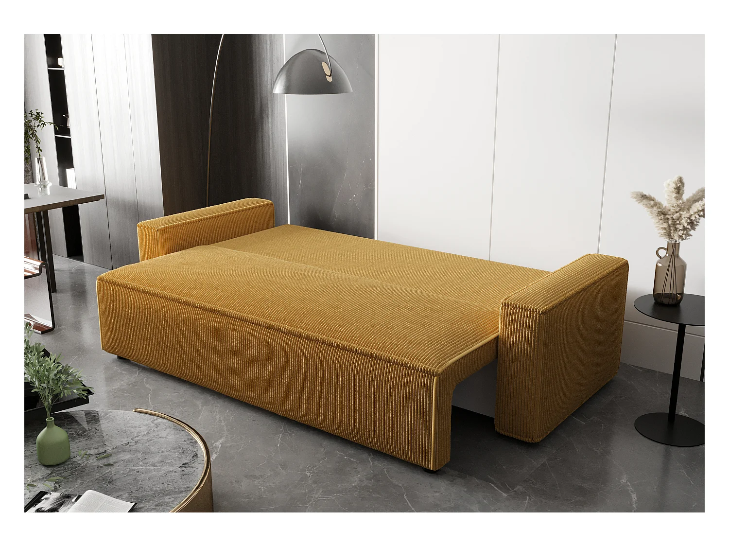 BEDANTE Sofa AMBRO Poso 01 mit Schlaffunktion, Senfton, Sofa mit Stauraum, Bettkasten Wohnzimmersofa, Couch, Sofa, Bettsofa, Poso, Bettkasten, Bettcouch
