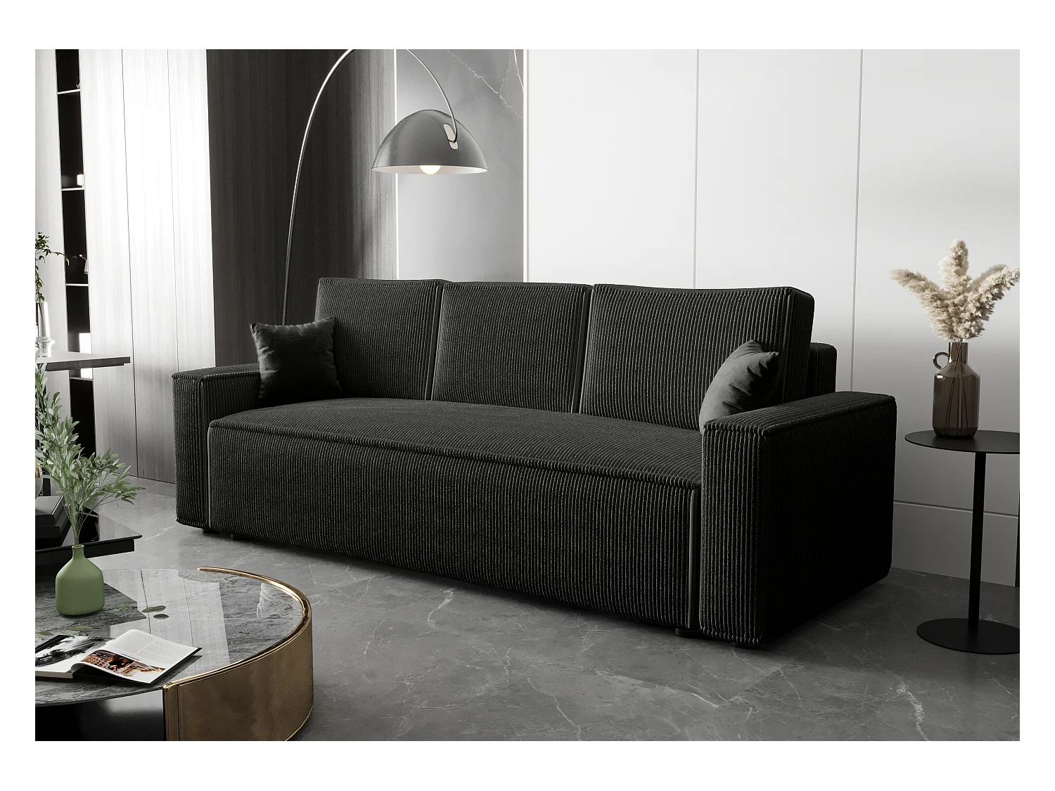 BEDANTE Bank AMBRO Poso 135 met slaapfunctie, zwart bank met opbergruimte, bedlade, woonkamerbank, slaapbank, Poso-stof, bedbank, logeerbank