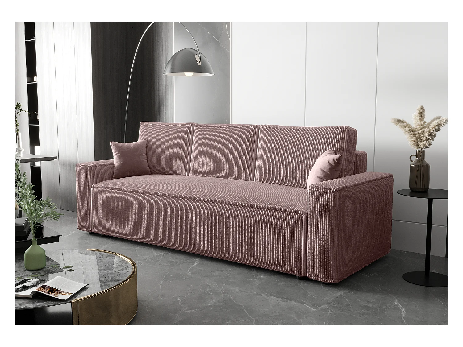 BEDANTE Bank AMBRO Poso 27 met slaapfunctie, poederroze bank met opbergruimte, bedlade, woonkamerbank, slaapbank, Poso-stof, bedbank, logeerbank