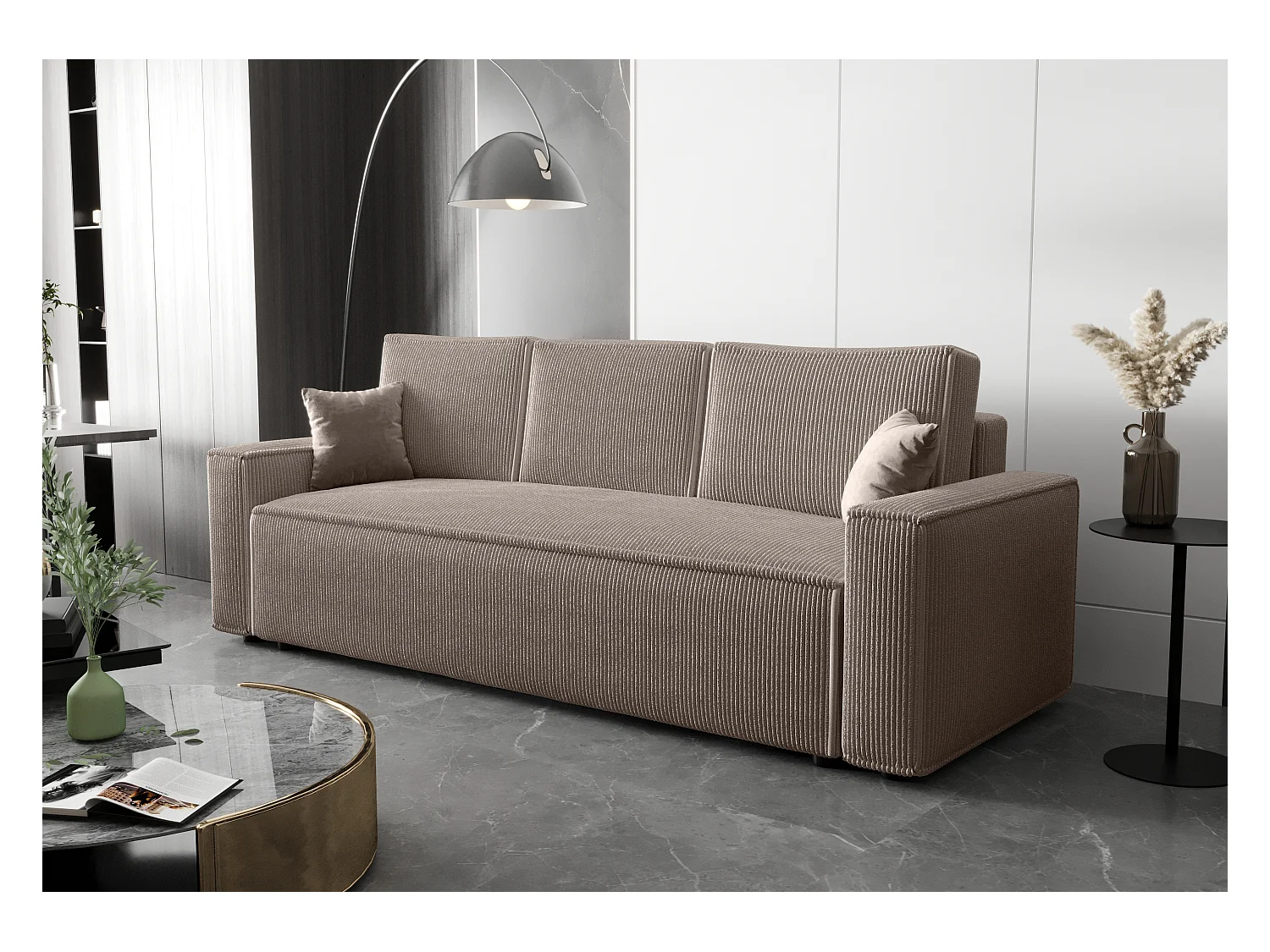 BEDANTE Bank AMBRO Poso 02 met slaapfunctie, lichtbruin bank met opbergruimte, bedlade, woonkamerbank, slaapbank, Poso-stof, bedbank, logeerbank