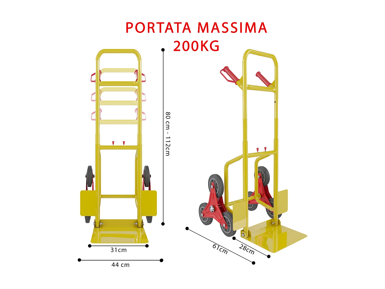 Carrello A Mano Montascale Portapacchi Portata Max 200 Kg Carrellino Pieghevole Acciaio Tubolare Ruote In Gomma Trasporto Pacchi 112x61x44 Cm Giallo