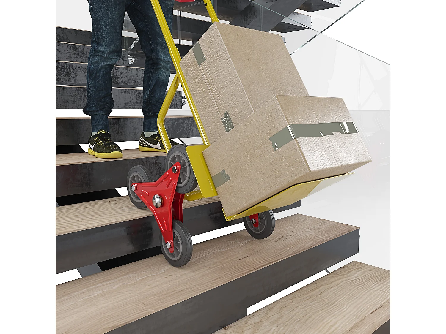 Carrello A Mano Montascale Portapacchi Portata Max 200 Kg Carrellino Pieghevole Acciaio Tubolare Ruote In Gomma Trasporto Pacchi 112x61x44 Cm Giallo