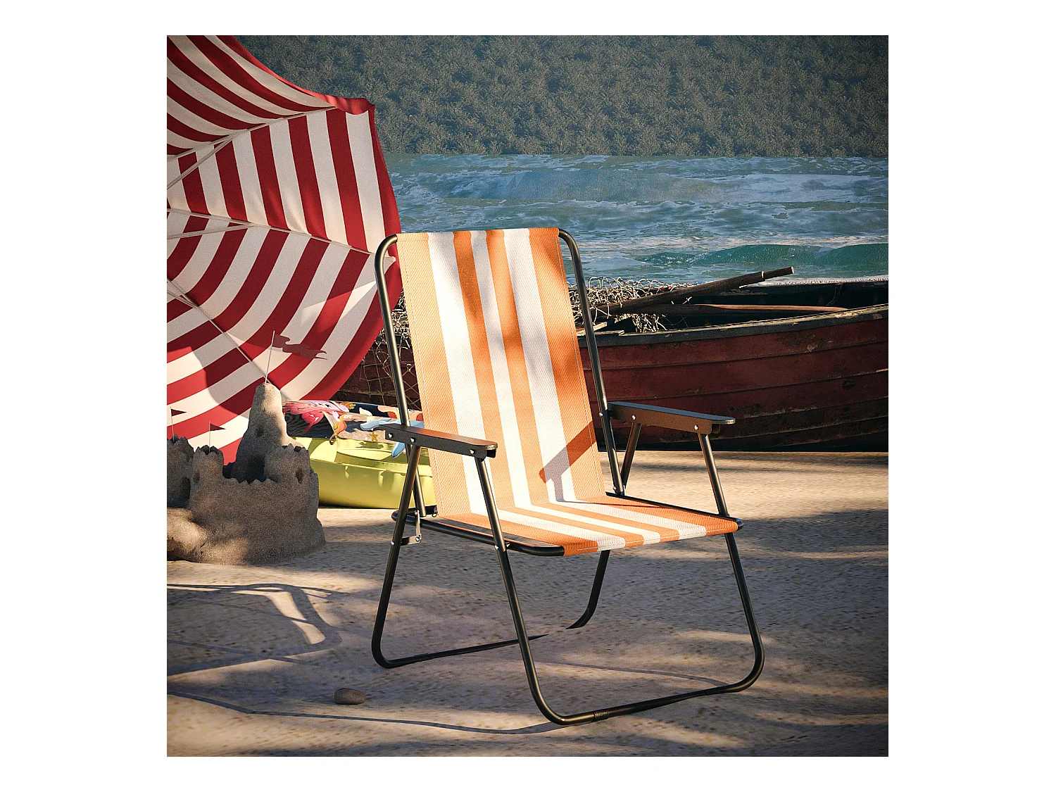 Sedia Pieghevole Da Spiaggia Campeggio Camping Leggera E Resistente In Metallo In Tessuto Oxford 600D Con Braccioli Seggiola Strisce Arancione