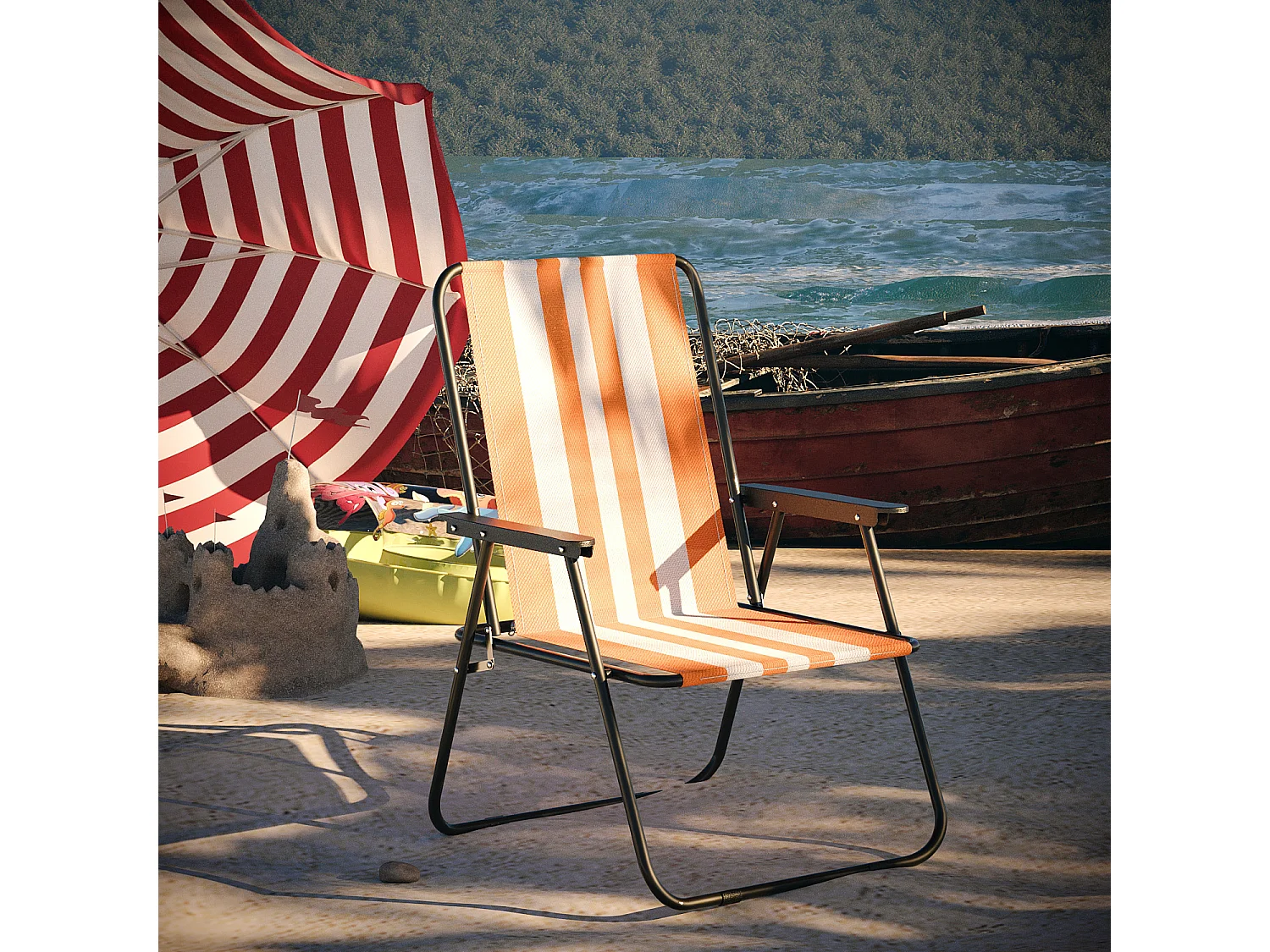 Sedia Pieghevole Da Spiaggia Campeggio Camping Leggera E Resistente In Metallo In Tessuto Oxford 600D Con Braccioli Seggiola Strisce Arancione