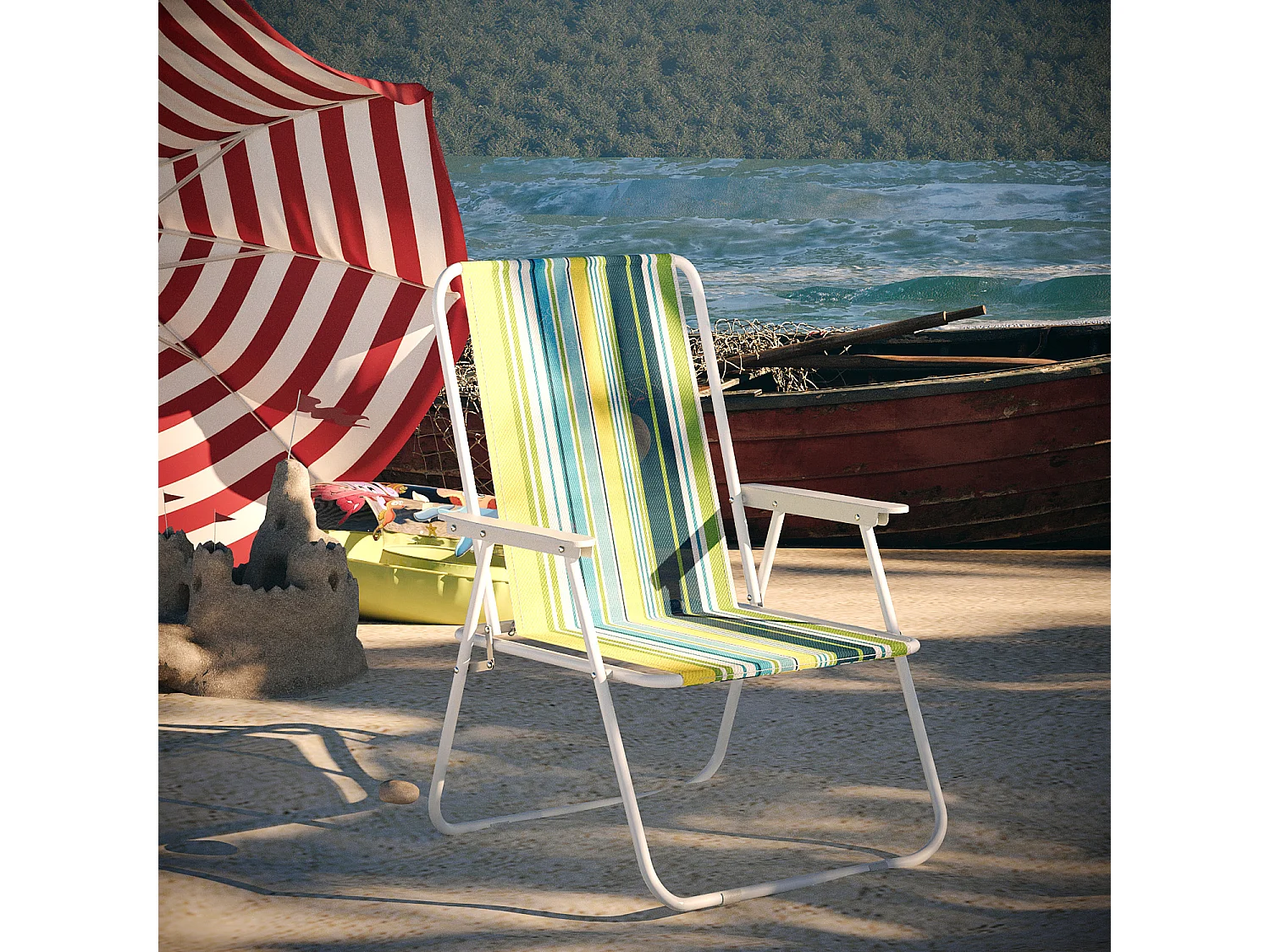 Sedia Pieghevole Da Spiaggia Campeggio Camping Leggera E Resistente In Metallo In Tessuto Oxford 600D Con Braccioli Seggiola Verde Azzurro Giallo