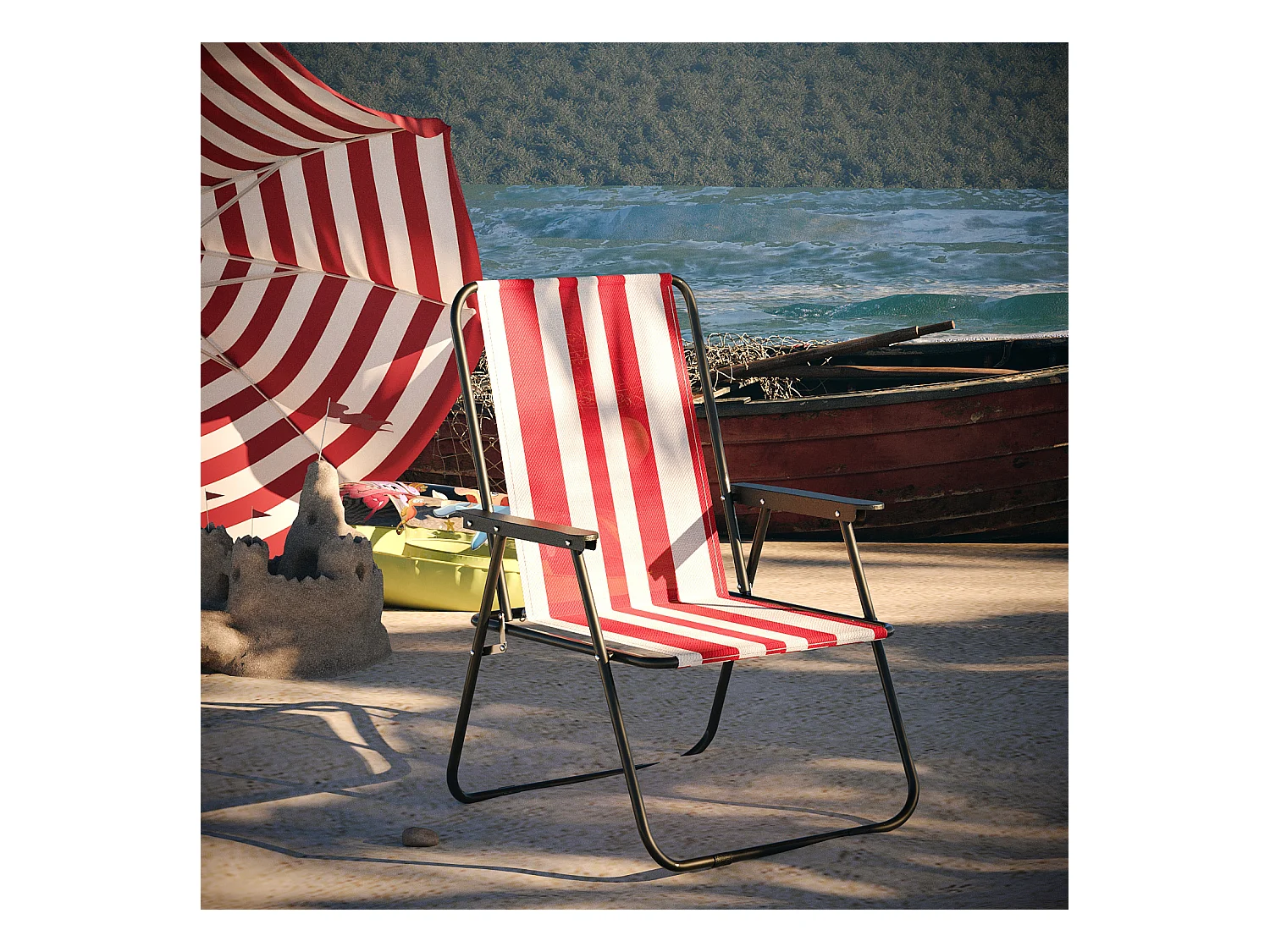 Sedia Pieghevole Da Spiaggia Campeggio Camping Leggera E Resistente In Metallo In Tessuto Oxford 600D Con Braccioli Seggiola Strisce Rosso