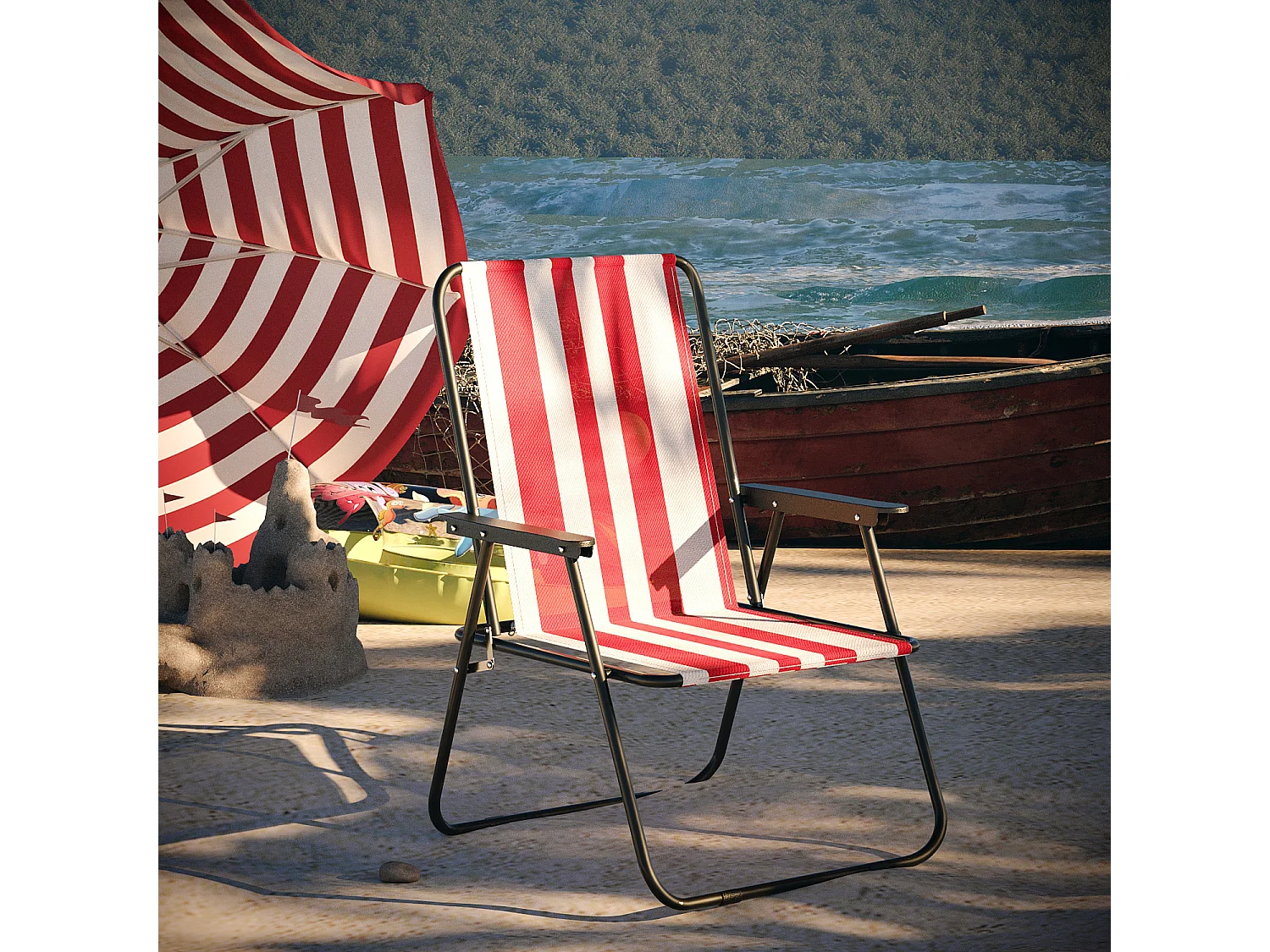 Sedia Pieghevole Da Spiaggia Campeggio Camping Leggera E Resistente In Metallo In Tessuto Oxford 600D Con Braccioli Seggiola Strisce Rosso