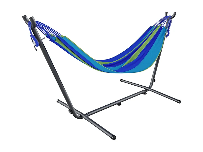 Amaca Da Giardino Con Supporto In Acciaio Portata 200 Kg Regolabile Telo Cotone Resistente Esterno Terrazzo Borsa 265x110x100 Cm Multicolore Blu