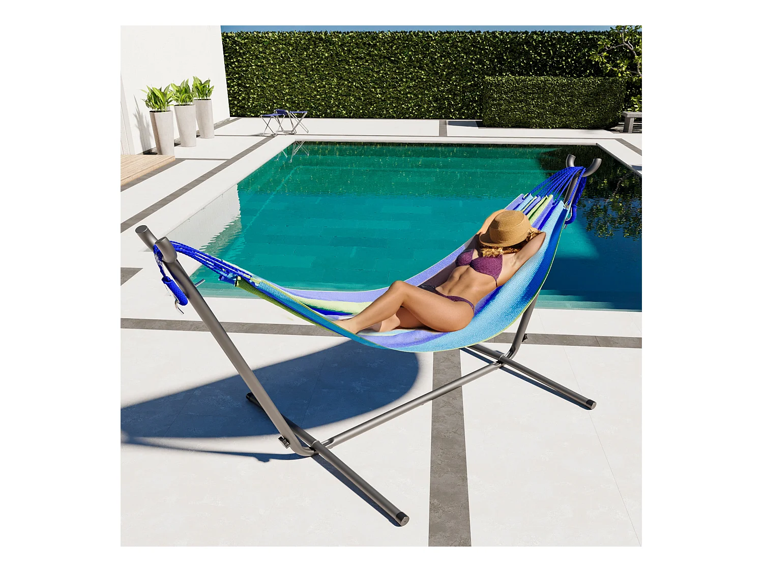 Amaca Da Giardino Con Supporto In Acciaio Portata 200 Kg Altezza Regolabile Telo Cotone Resistente Amaca Brasiliana Esterno Piscina Con Borsa 265 x 110 x 100 Cm Blu