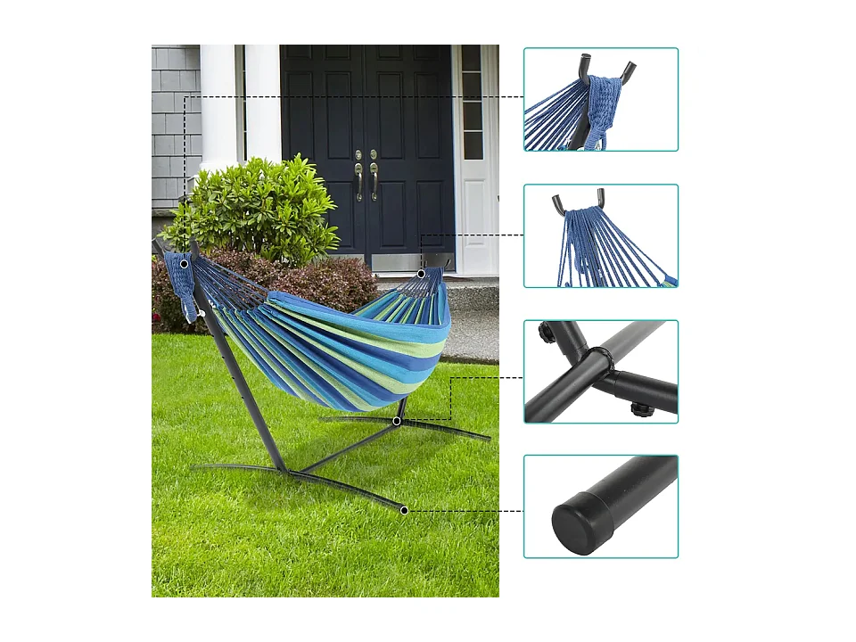 Amaca Da Giardino Con Supporto In Acciaio Portata 200 Kg Altezza Regolabile Telo Cotone Resistente Amaca Brasiliana Esterno Piscina Con Borsa 265 x 110 x 100 Cm Blu