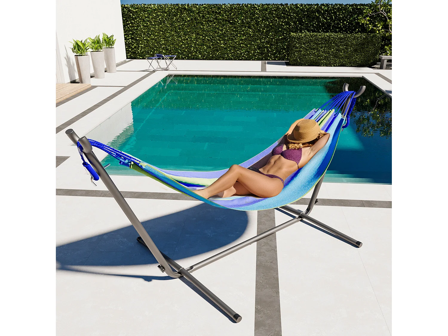 Amaca Da Giardino Con Supporto In Acciaio Portata 200 Kg Altezza Regolabile Telo Cotone Resistente Amaca Brasiliana Esterno Piscina Con Borsa 265 x 110 x 100 Cm Blu