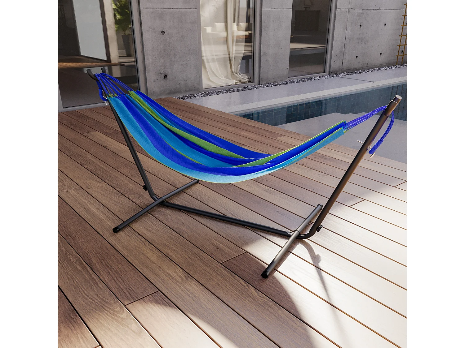 Amaca Da Giardino Con Supporto In Acciaio Portata 200 Kg Altezza Regolabile Telo Cotone Resistente Amaca Brasiliana Esterno Piscina Con Borsa 265 x 110 x 100 Cm Blu