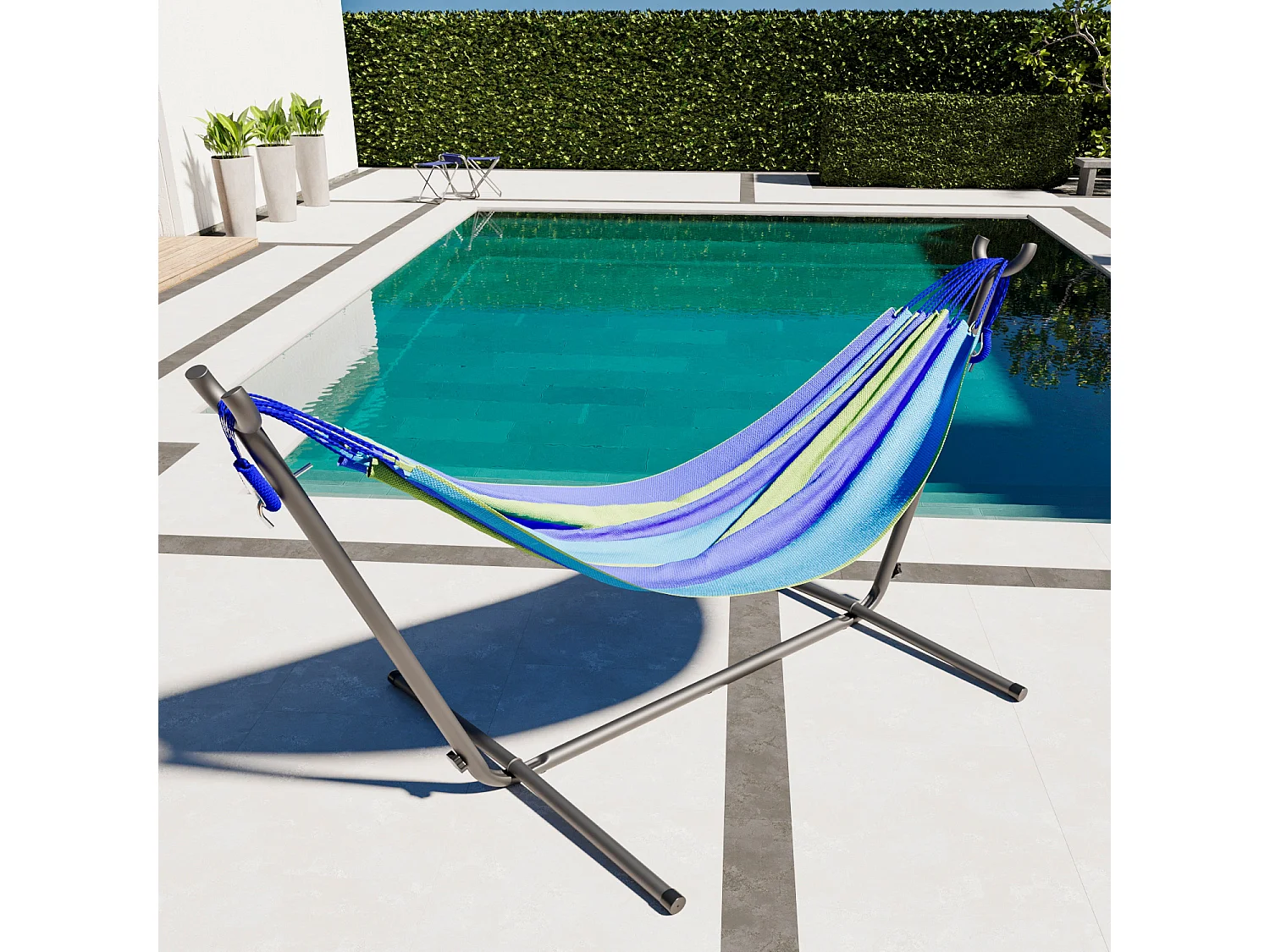 Amaca Da Giardino Con Supporto In Acciaio Portata 200 Kg Altezza Regolabile Telo Cotone Resistente Amaca Brasiliana Esterno Piscina Con Borsa 265 x 110 x 100 Cm Blu