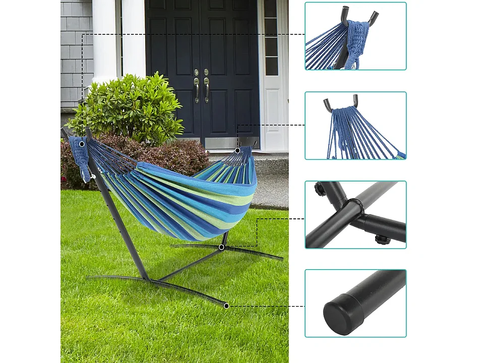 Amaca Da Giardino Con Supporto In Acciaio Portata 200 Kg Altezza Regolabile Telo Cotone Resistente Amaca Brasiliana Esterno Piscina Con Borsa 265 x 110 x 100 Cm Blu
