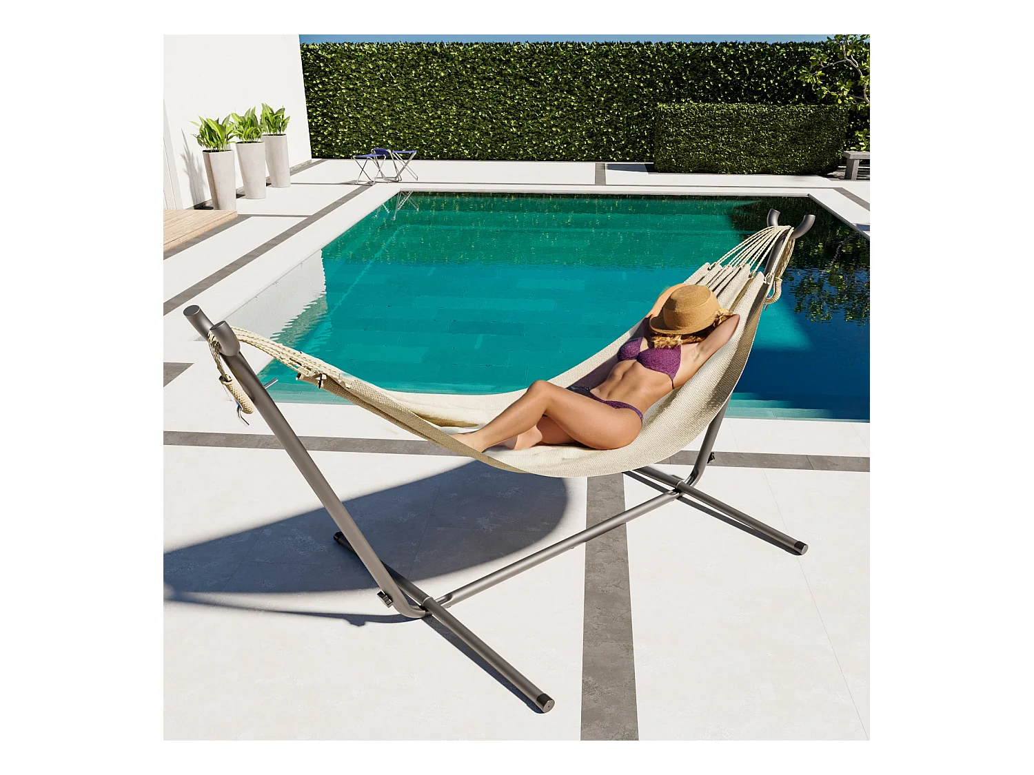 Amaca Da Giardino Con Supporto In Acciaio Portata 200 Kg Regolabile Telo Cotone Resistente Esterno Terrazzo Borsa 265x110x100 Cm Beige