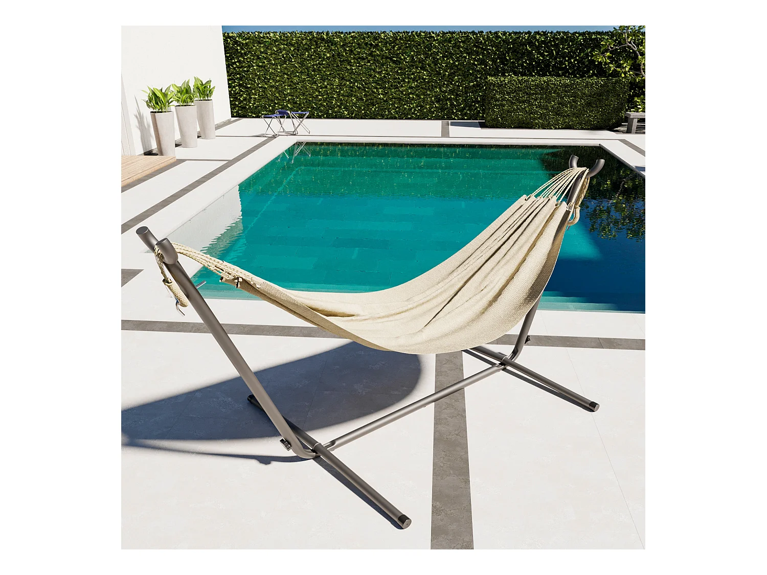 Amaca Da Giardino Con Supporto In Acciaio Portata 200 Kg Regolabile Telo Cotone Resistente Esterno Terrazzo Borsa 265x110x100 Cm Beige