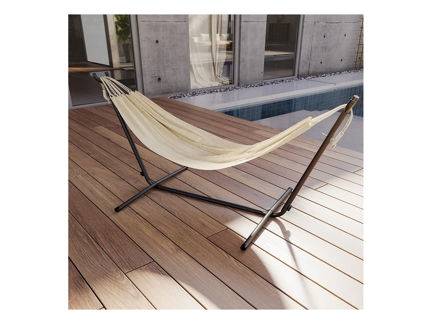 Amaca Da Giardino Con Supporto In Acciaio Portata 200 Kg Regolabile Telo Cotone Resistente Esterno Terrazzo Borsa 265x110x100 Cm Beige