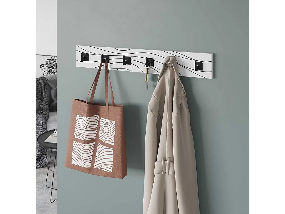 Appendiabiti a muro Flow con 6 ganci bianchi e dettagli neri 63x1.8x9.8H