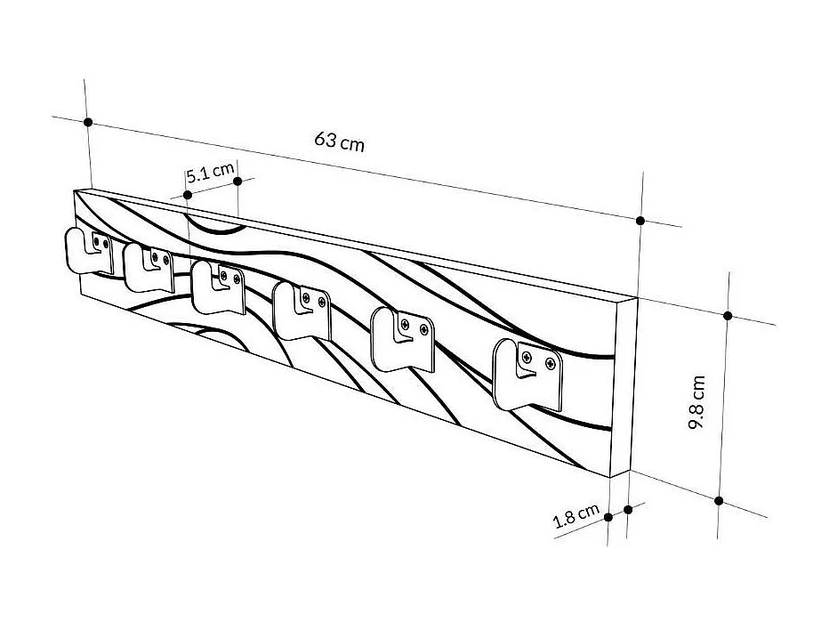 Appendiabiti a muro Flow con 6 ganci bianchi e dettagli neri 63x1.8x9.8H