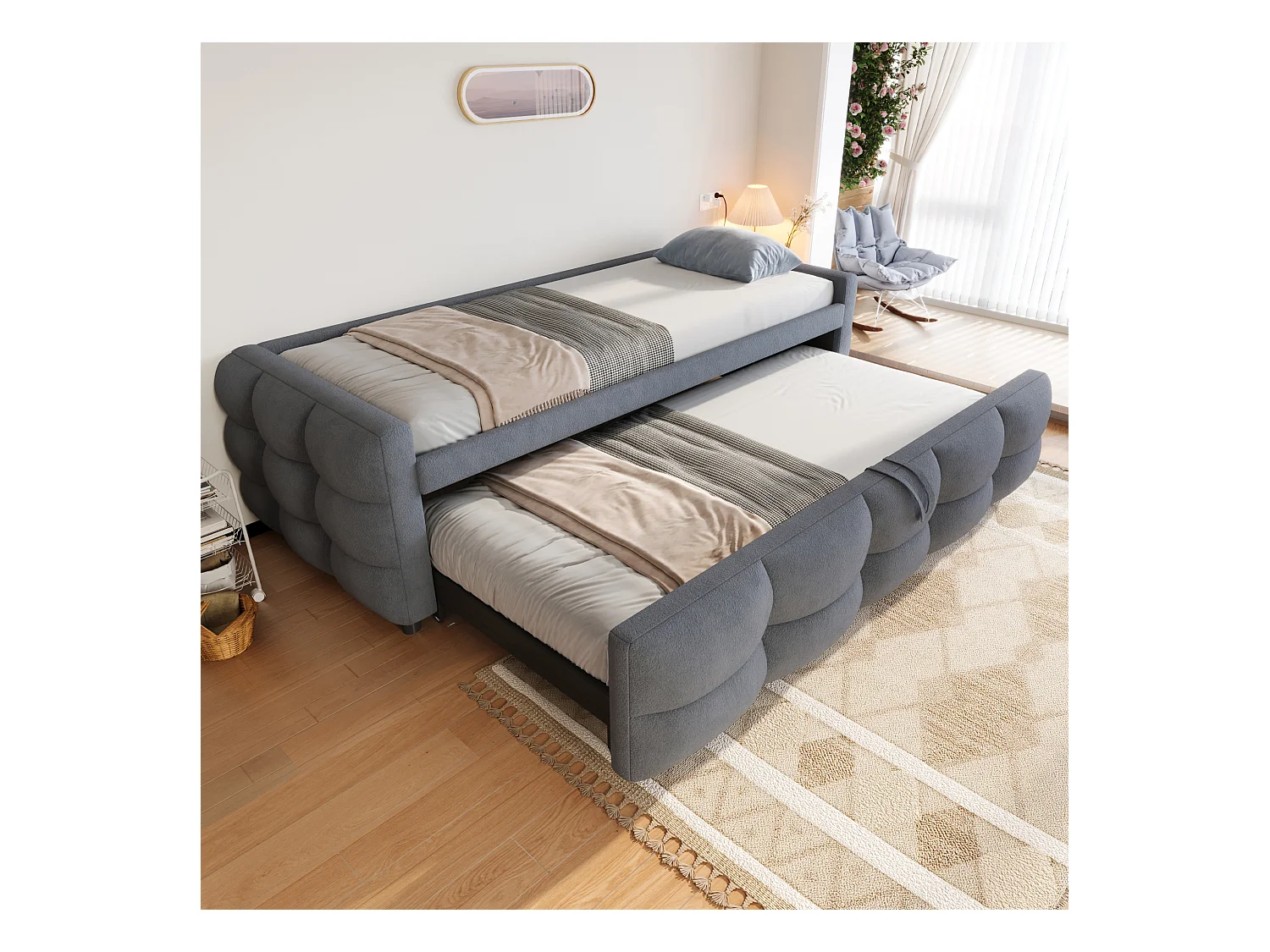 Lit banquette 90/180x190cm gris en tissu Teddy, en forme de nuage, lit enfant/adulte, sans matelas