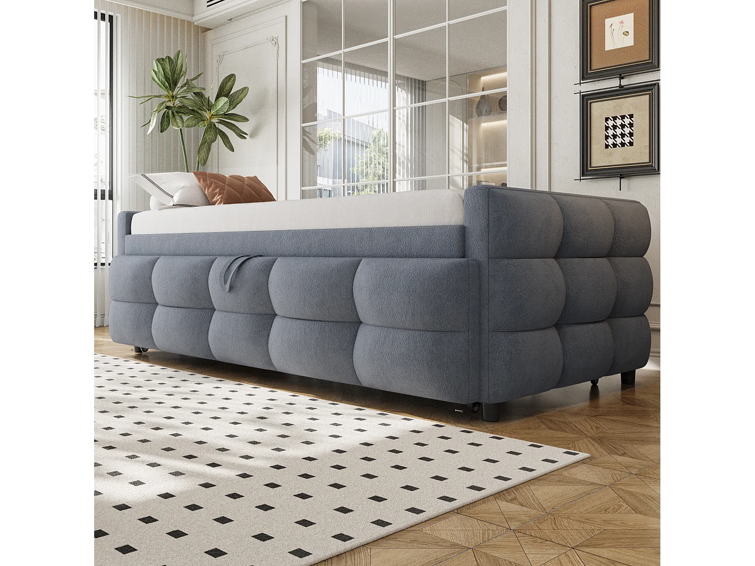Lit banquette 90/180x190cm gris en tissu Teddy, en forme de nuage, lit enfant/adulte, sans matelas