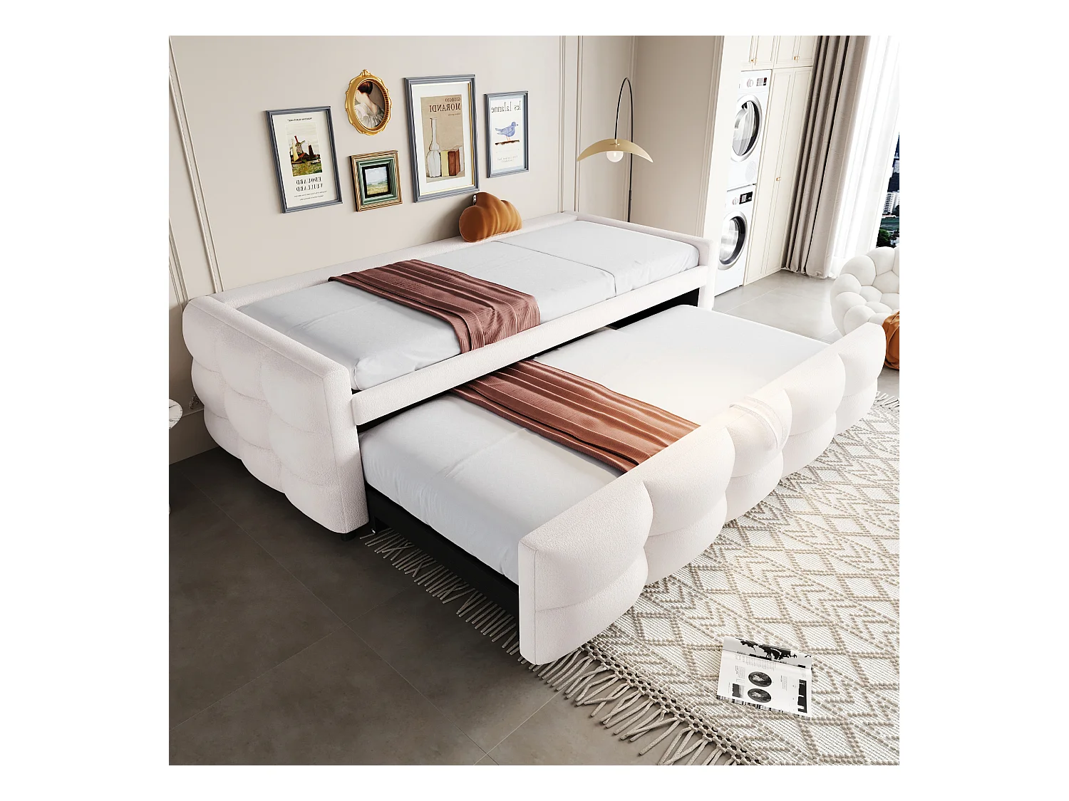 Lit banquette 90/180x190cm beige en tissu Teddy, en forme de nuage, lit enfant/adulte, sans matelas
