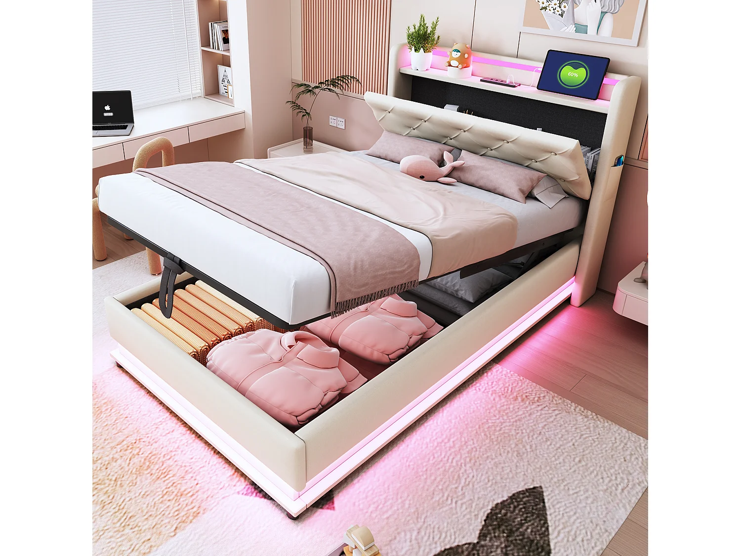 Lit coffre enfant 90x200cm beige en lin,tête de lit de rangement avec LED et USB, sans matelas