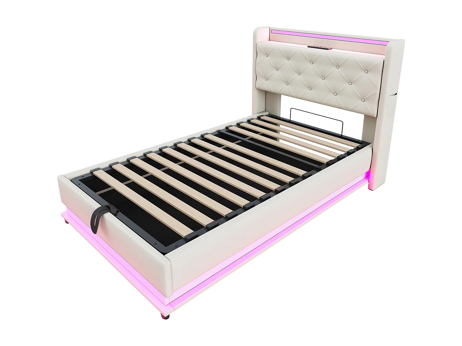Lit coffre enfant 90x200cm beige en lin,tête de lit de rangement avec LED et USB, sans matelas