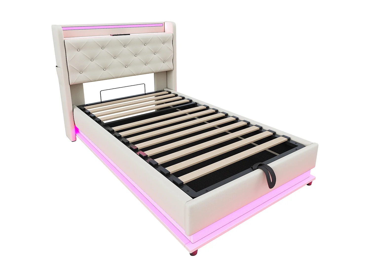 Lit coffre enfant 90x200cm beige en lin,tête de lit de rangement avec LED et USB, sans matelas
