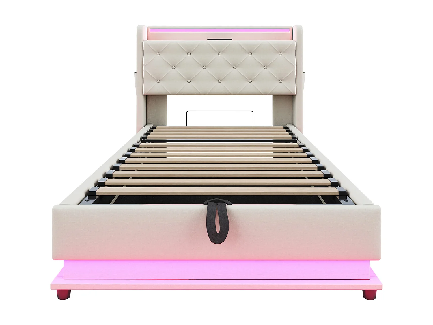 Lit coffre enfant 90x200cm beige en lin,tête de lit de rangement avec LED et USB, sans matelas