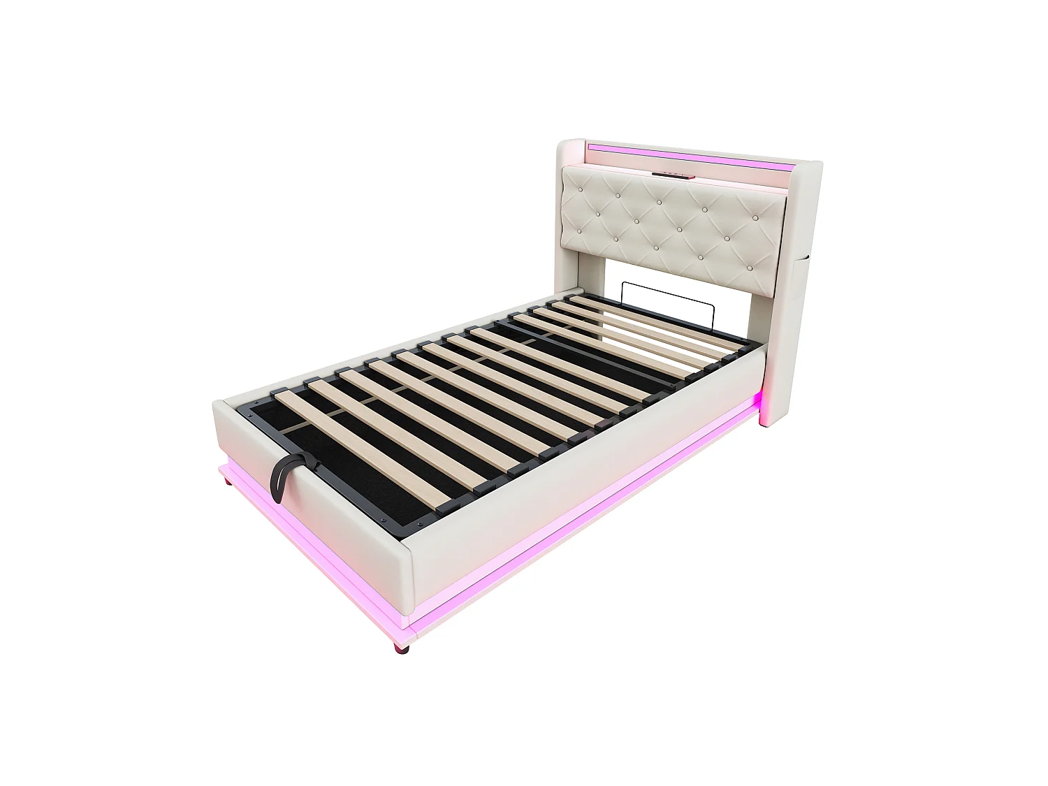 Lit coffre enfant 90x200cm beige en lin,tête de lit de rangement avec LED et USB, sans matelas