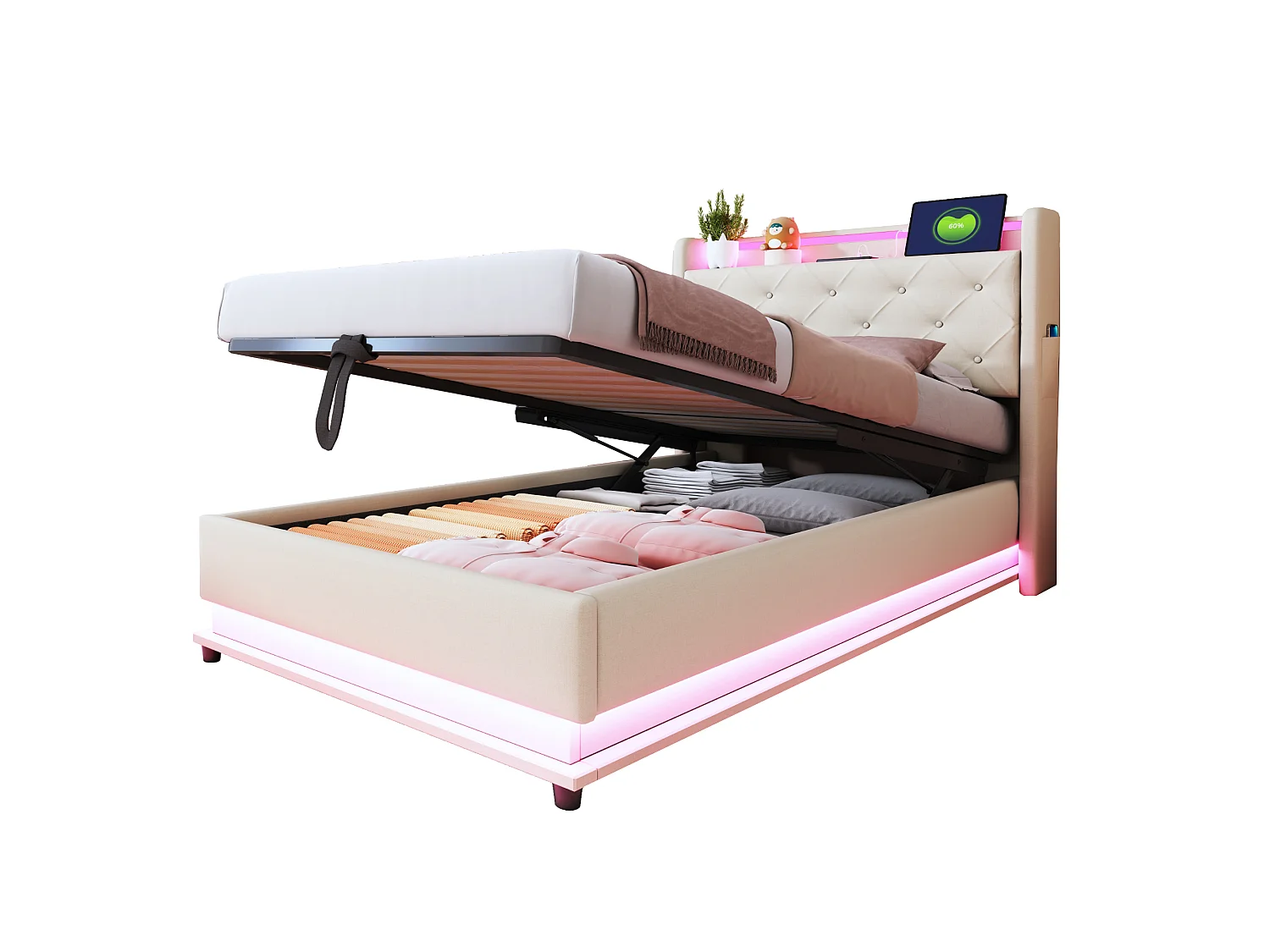 Lit coffre enfant 90x200cm beige en lin,tête de lit de rangement avec LED et USB, sans matelas