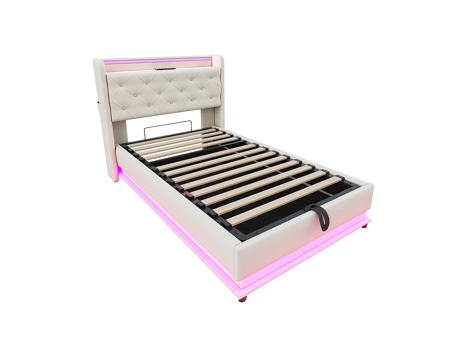 Lit coffre enfant 90x200cm beige en lin,tête de lit de rangement avec LED et USB, sans matelas