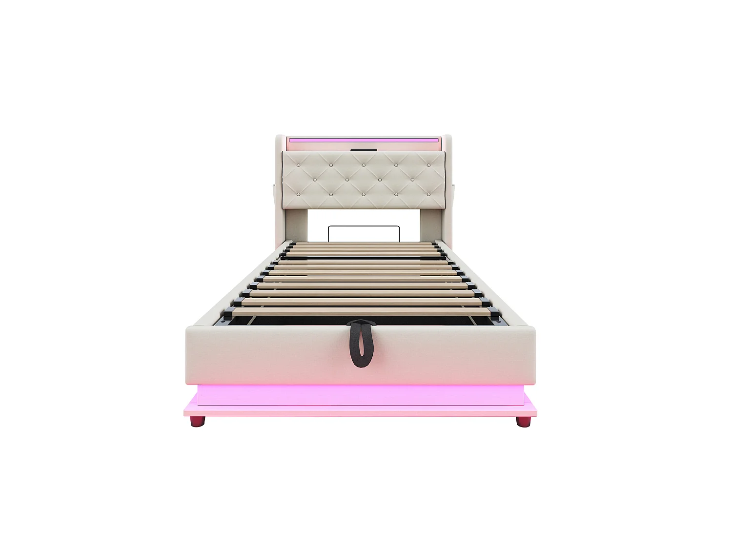 Lit coffre enfant 90x200cm beige en lin,tête de lit de rangement avec LED et USB, sans matelas