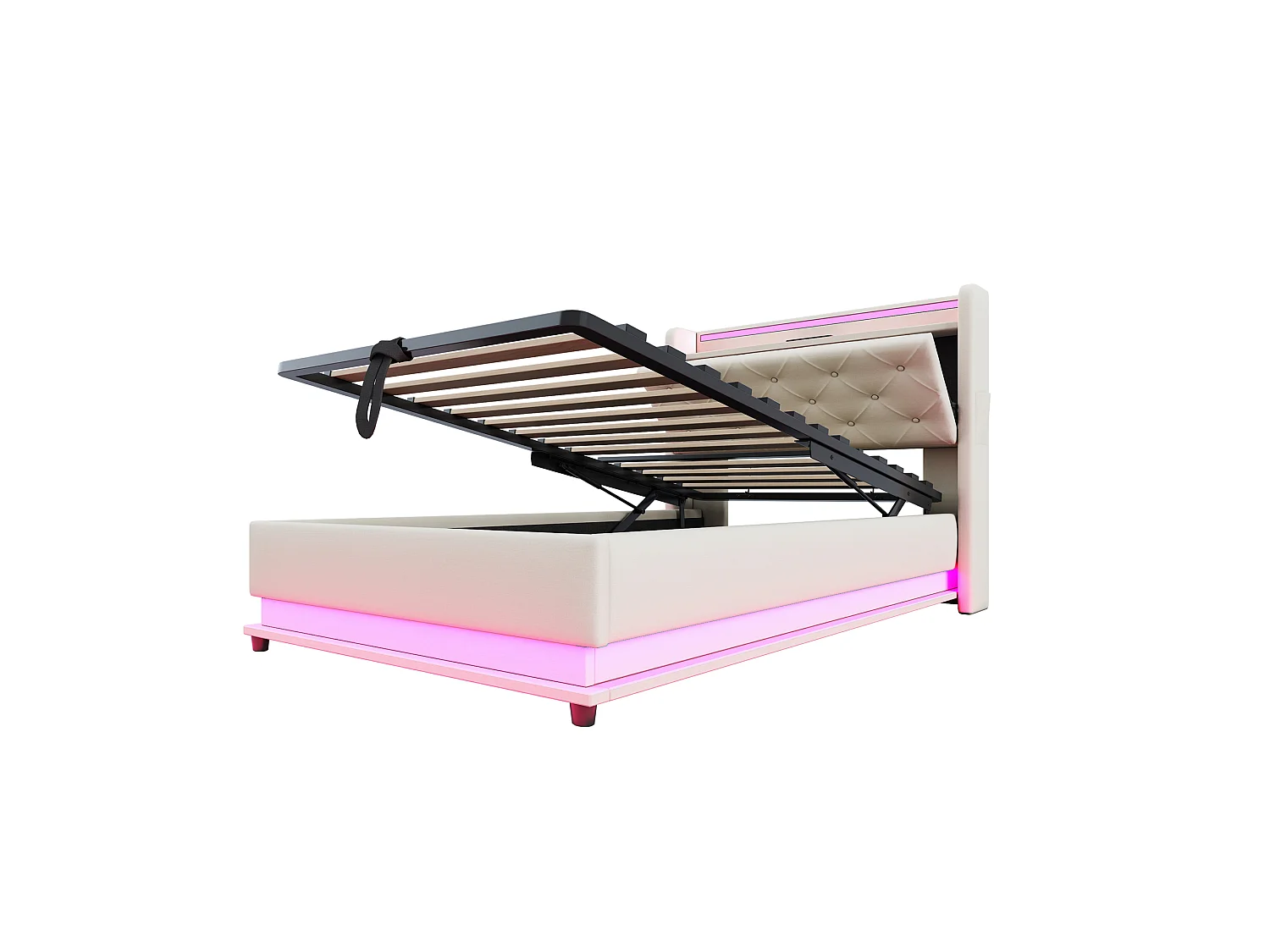 Lit coffre enfant 90x200cm beige en lin,tête de lit de rangement avec LED et USB, sans matelas